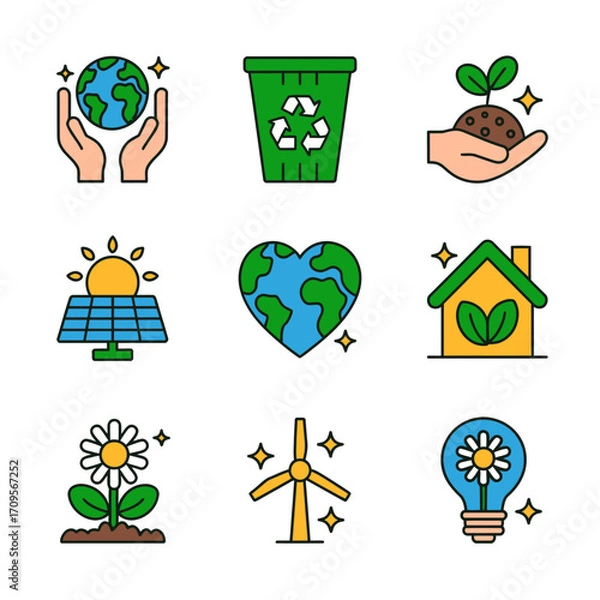 Fototapeta Nine Colorful Icons Representing Environmental Sustainability and Eco-Friendly Practices.