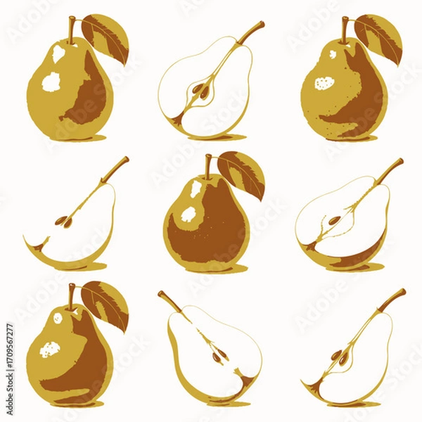 Fototapeta Realistic Collection of Whole and Halved Pears Isolated on White Background.