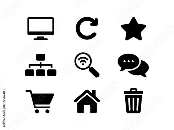 Fototapeta Web and App Interface Icons Set – Computer, Home, Cart, Chat, and More Vector Symbols.