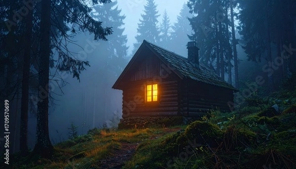 Fototapeta Old Wooden Cabin in Deep Forest, Secluded Wilderness Scen
