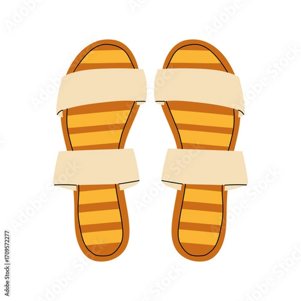 Fototapeta Women's colorful summer sandals and shoes in hand drawn styleVector illustration of various open summer sandals with straps, low and high platform isolated. Summer cute slippers and sandals