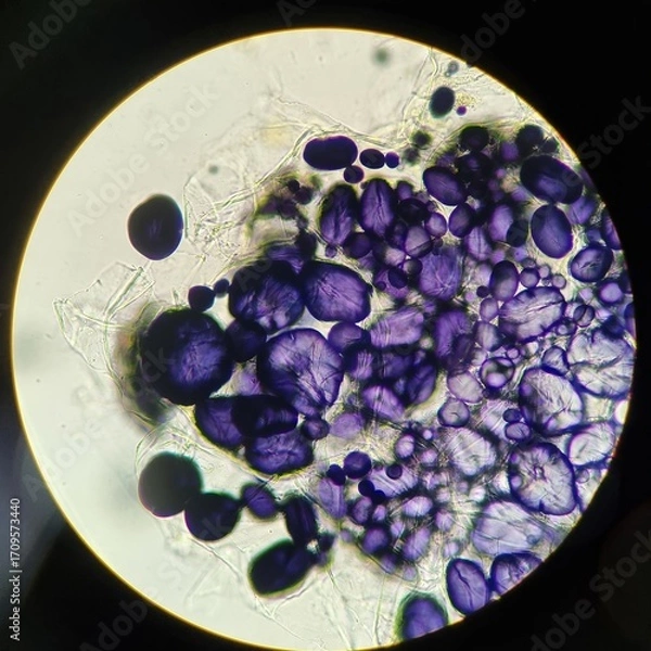 Fototapeta Microscopic view of potato cells showing purple-stained starch granules (amyloplasts) after iodine treatment, highlighted under magnification.