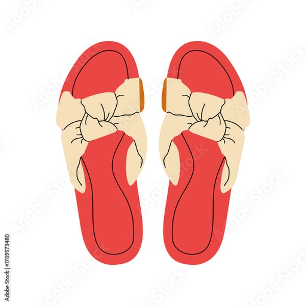 Fototapeta Women's colorful summer sandals and shoes in hand drawn styleVector illustration of various open summer sandals with straps, low and high platform isolated. Summer cute slippers and sandals