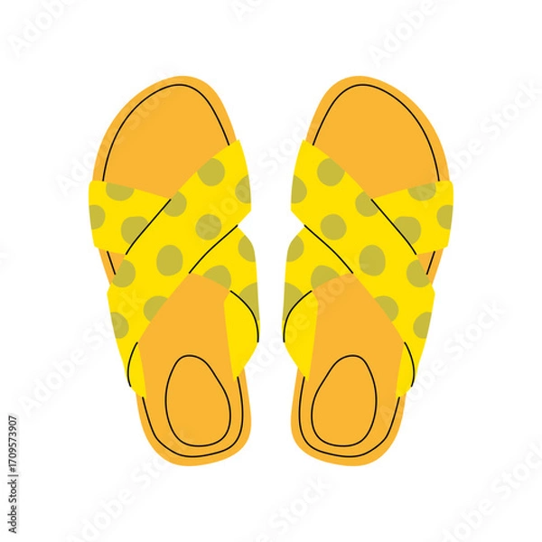 Fototapeta Women's colorful summer sandals and shoes in hand drawn styleVector illustration of various open summer sandals with straps, low and high platform isolated. Summer cute slippers and sandals