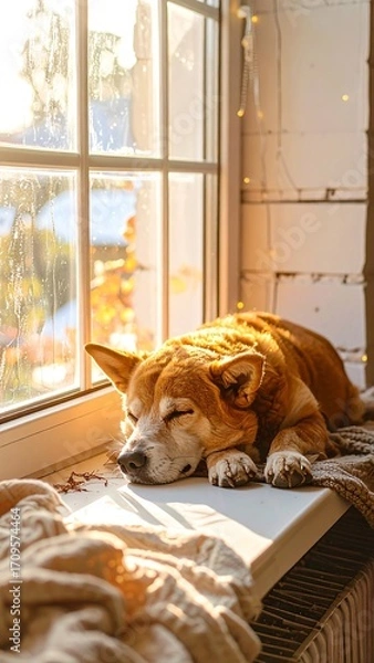 Fototapeta Dog resting by sunny window