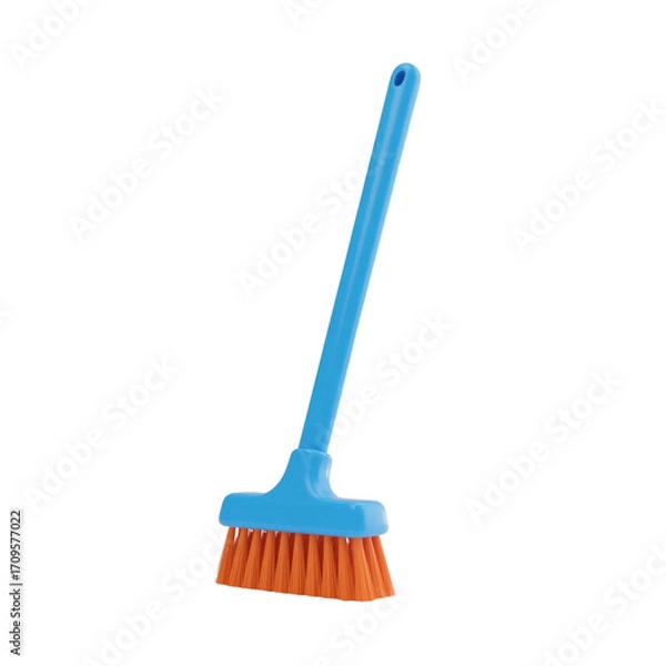 Fototapeta Blue and orange floor cleaning broom isolated on transparent background. 3D render of long handle household brush, perfect for cleaning service visuals, hygiene projects, and housekeeping design.