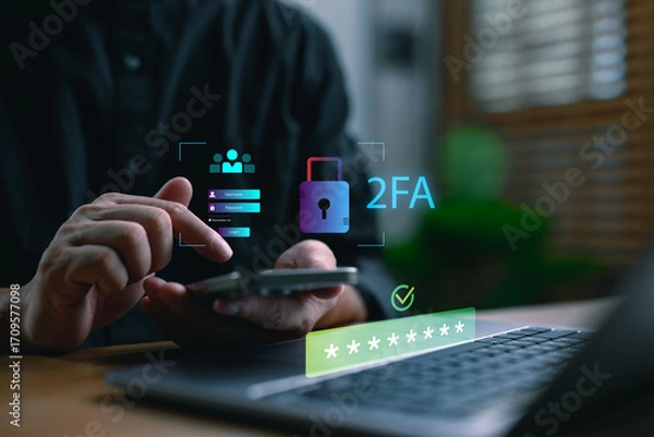 Fototapeta User enabling two-factor authentication (2FA) with smartphone and laptop. Concept of cybersecurity, secure login, password protection, data privacy, and identity verification for online safety.
