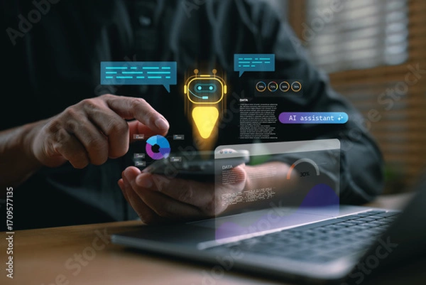 Fototapeta Man using smartphone and laptop to interact with AI assistant chatbot for data analysis. Concept of artificial intelligence, big data, analytics, business insight, and smart technology integration.