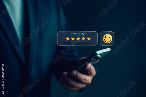 Fototapeta Businessman using smartphone to give five-star excellent customer review. Concept of customer satisfaction, positive feedback, online rating system, and user experience in digital service.