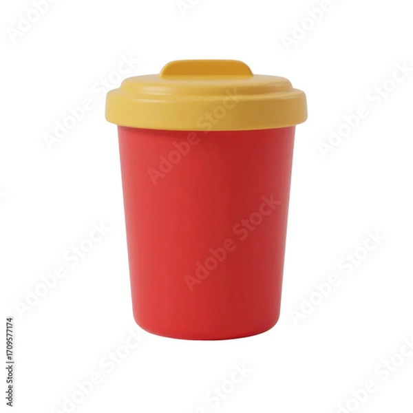 Fototapeta Red plastic trash bin with yellow lid isolated on transparent background. Clean 3D render, suitable for waste management visuals, recycling concepts, sanitation projects, and household design.