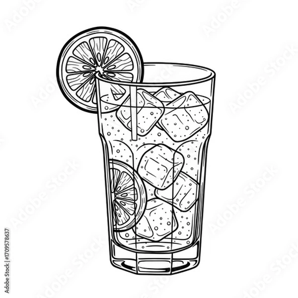 Fototapeta Black and white illustration of a gin and tonic drink isolated on transparent background