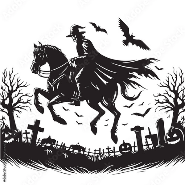Obraz Black Headless Horseman Silhouette Vector Illustration design, Solid White Background