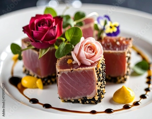 Fototapeta Elegant tuna cubes with flower garnish