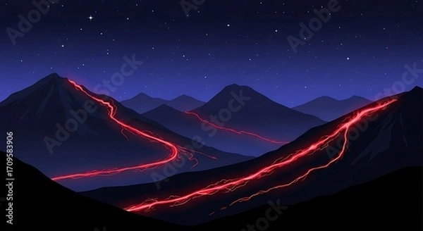 Obraz Nighttime Mountain Road with Red Lava Flow.