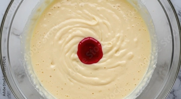 Fototapeta Closeup of a dollop of red jam being swirled into a creamy yellow batter in a glass bowl
