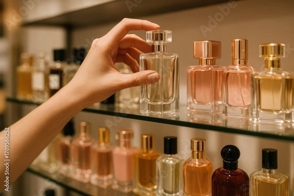 Fototapeta Woman's hand selecting perfume bottle on a shelf in a store
