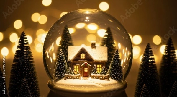 Fototapeta A festive snow globe featuring a cozy house and christmas trees with bokeh lights