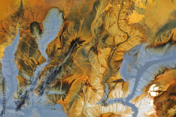 Fototapeta Aerial view of a big waste decanting lake, tailing pond. Mining residual waters discharged from copper mine