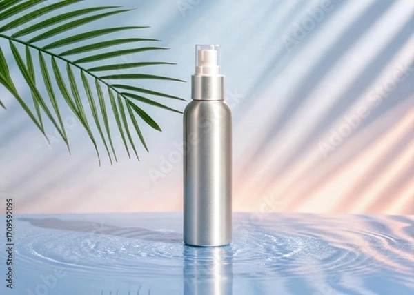 Obraz Sleek silver metallic spray bottle with clear pump on rippling blue water surface and palm leaf aluminum