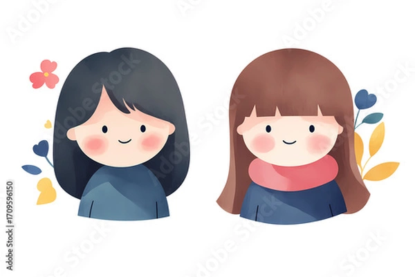 Obraz Adorable illustration of two smiling girls, surrounded by flowers and leaves.