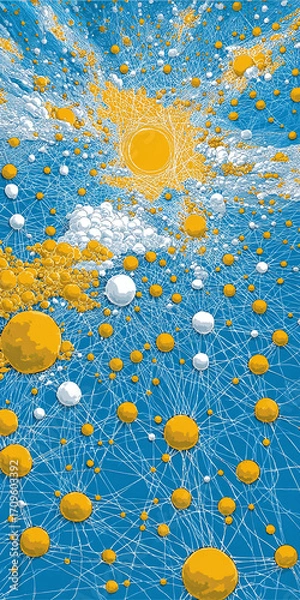 Fototapeta Vibrant abstract illustration of interconnected spheres forming a dynamic digital network under a bright, radiating sun-like entity, symbolizing global data flow and cosmic connectivity