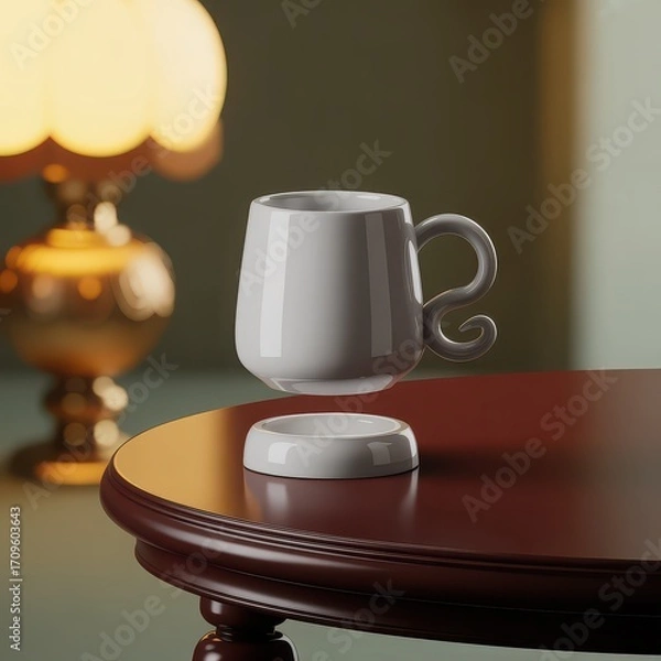 Fototapeta White ceramic mug levitating above saucer on dark wood table with golden lamp white mug floating