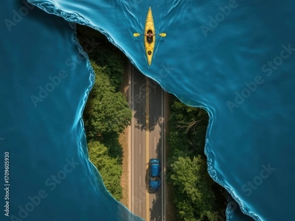 Fototapeta Yellow kayak floats on blue water above asphalt road with blue car and green trees canoe