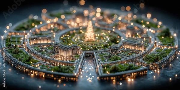 Fototapeta Glowing miniature city, an aerial concept of sustainable urban design. Intricate circular green spaces and illuminated buildings create a harmonious, futuristic community model