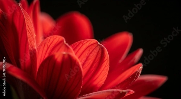Fototapeta Close up of vibrant red flower petals against a dark background