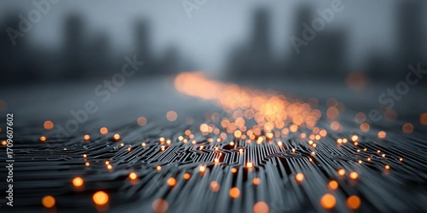 Fototapeta Futuristic path of glowing orange data streams flowing on a circuit board towards a modern cityscape at dusk