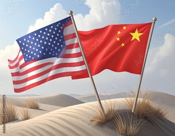 Fototapeta Flags of USA and China in a desert