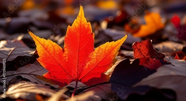 Fototapeta Vibrant red and orange maple leaf on a bed of fallen autumn leaves
