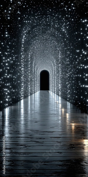 Fototapeta A futuristic corridor of sparkling lights with a reflective floor, leading to a mysterious dark archway in the distance