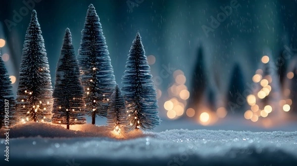 Fototapeta Snowy Pine Trees with Holiday Lights