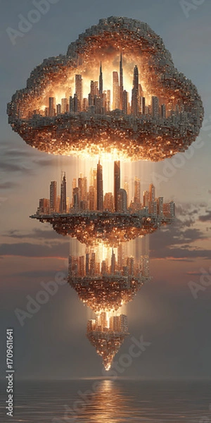 Fototapeta Vertical stack of illuminated futuristic cities, nestled within glowing cloud formations, reflected on calm waters, depicting an ethereal and advanced sky metropolis