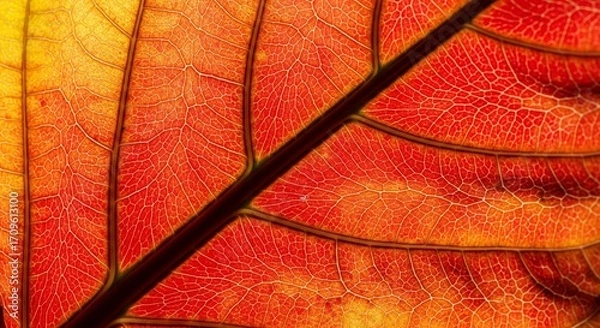 Fototapeta Close up macro view of a vibrant red and yellow leaf vein structure
