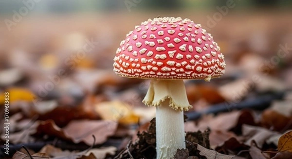 Fototapeta Vibrant red amanita muscaria mushroom with white spots in autumn forest