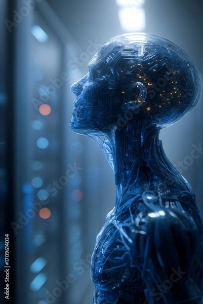 Fototapeta An advanced and futuristic transparent robot is depicted in a hightech environment setting