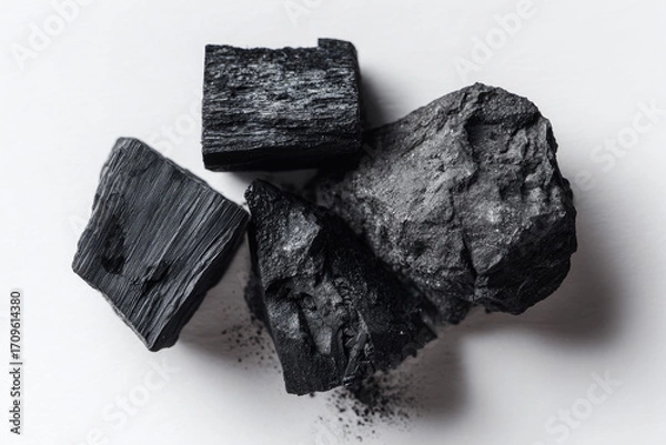 Obraz Four dark gray charcoal blocks, roughly hewn, sit atop a white surface.  Powdered charcoal dust is scattered near the pieces