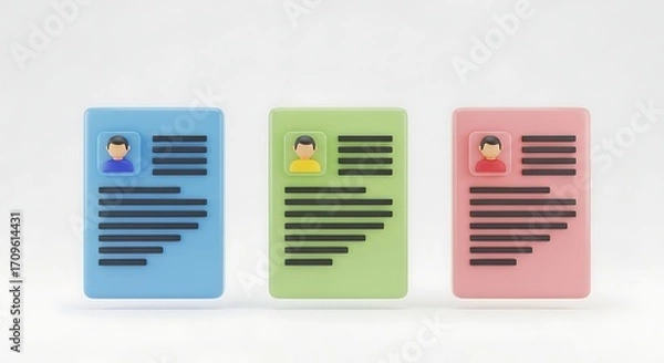 Fototapeta Three colorful documents with profile pictures and text.