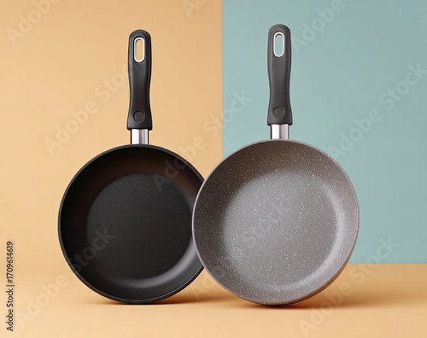 Obraz Two identical frying pans, one black, one gray, sit on a muted background of beige and teal.  Both have ergonomic handles
