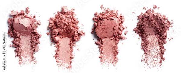 Obraz Crushed blush powder swatches displayed on a white background.  Four separate portions of loose, light-pink, crushed powder, with trails of powder streaking out from each