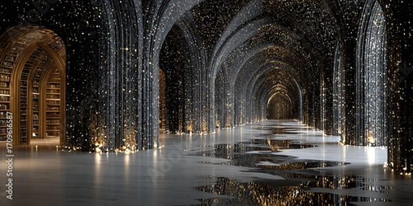 Fototapeta Elegant Arched Hallway with Sparkling Lights A Captivating Architectural Interior