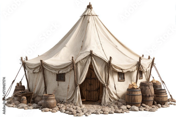 Obraz A large, beige canvas tent, reminiscent of a medieval camp. Wooden supports and barrels are placed around the base