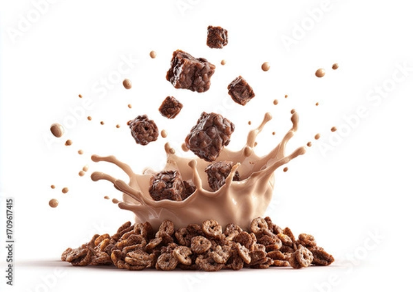 Obraz Chocolate cereal with brownie pieces exploding in a milk-like liquid splash