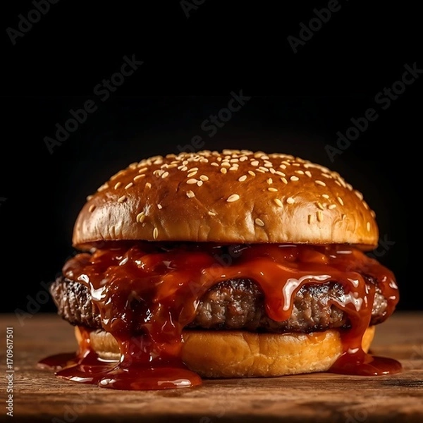 Fototapeta Juicy Cheeseburger with Barbecue Sauce on Sesame Bun Isolated on Wooden Table with Black Background