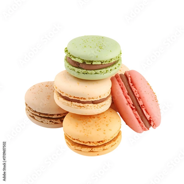 Fototapeta Colorful French Macarons with Cream Filling Stacked on White Background Dessert Pastry