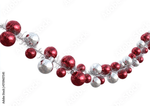 Obraz Christmas garland of red and white baubles on a silver-fringed string