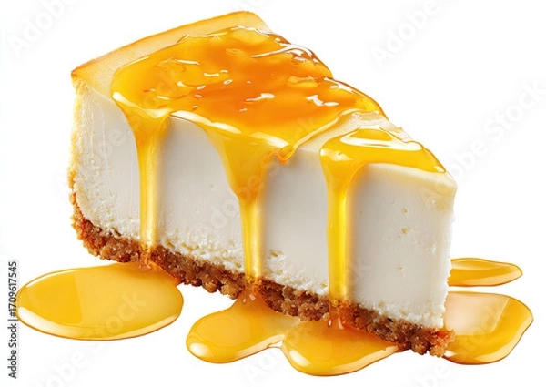 Obraz A close-up, isolated slice of cheesecake drizzled with golden, sweet sauce