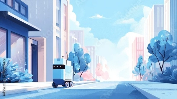 Fototapeta A Futuristic Robot character set against a vibrant, modern cityscape teeming with life